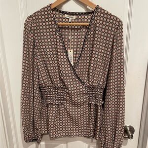 Max Studio Black and Cream Smocked Wrap Blouse with Long Puffy Sleeves. NWT